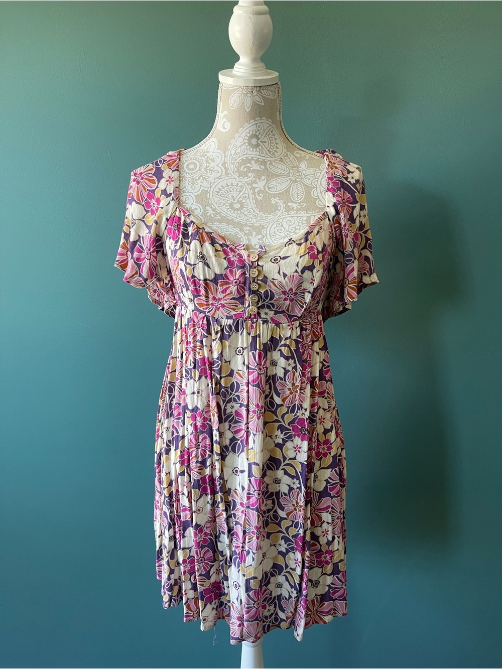 Purple and Cream Floral Scoop-Neck Mini Dress (maternity friendly)